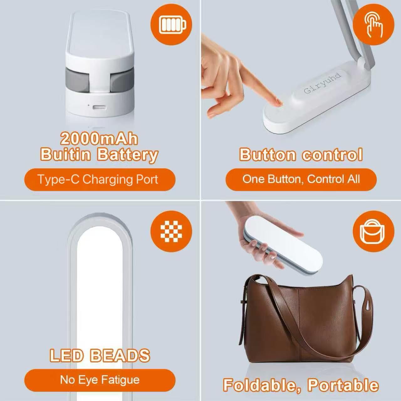 B005 LED Folding Table Lamp – Rechargeable Stepless Dimmable Desk Light with Type-C Charging & Lithium Battery